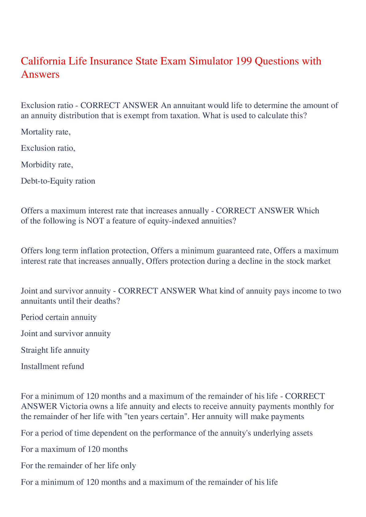 Preview of California Life Insurance State Exam Simulator 199 Questions with Answers,100% CORRECT