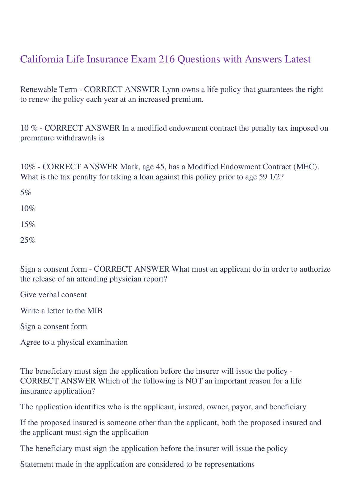 Preview of California Life Insurance Exam 216 Questions with Answers Latest,100% CORRECT
