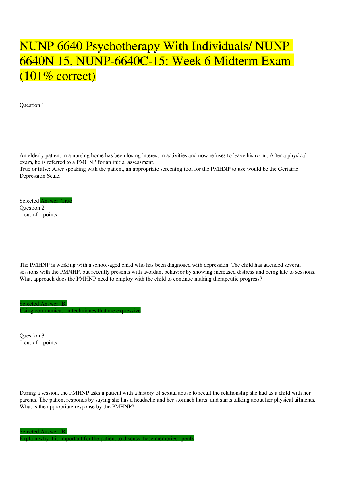 Preview image for NUNP 6640 Psychotherapy With Individuals/ NUNP 6640N 15, NUNP-6640C-15: Week 6 Midterm Exam (101% correct)