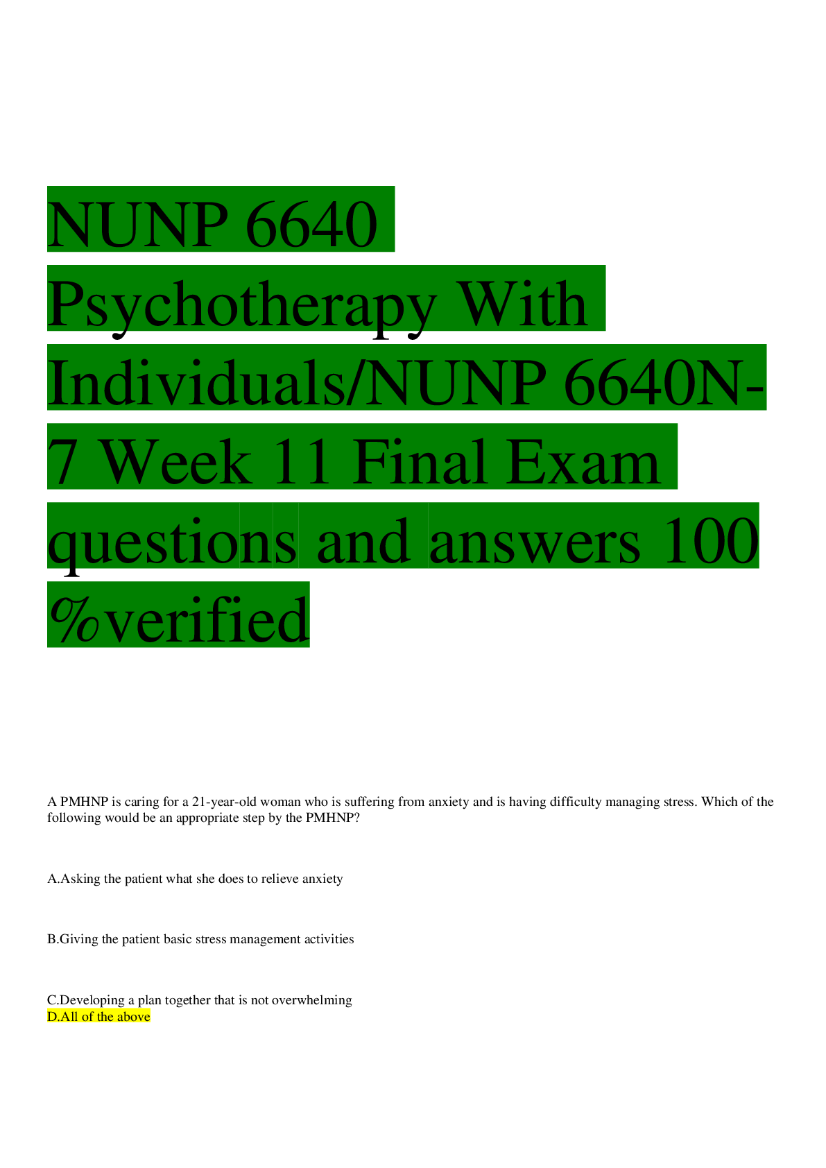 Preview image for NUNP 6640 Psychotherapy With Individuals/NUNP 6640N-7 Week 11 Final Exam questions and answers  100%verified