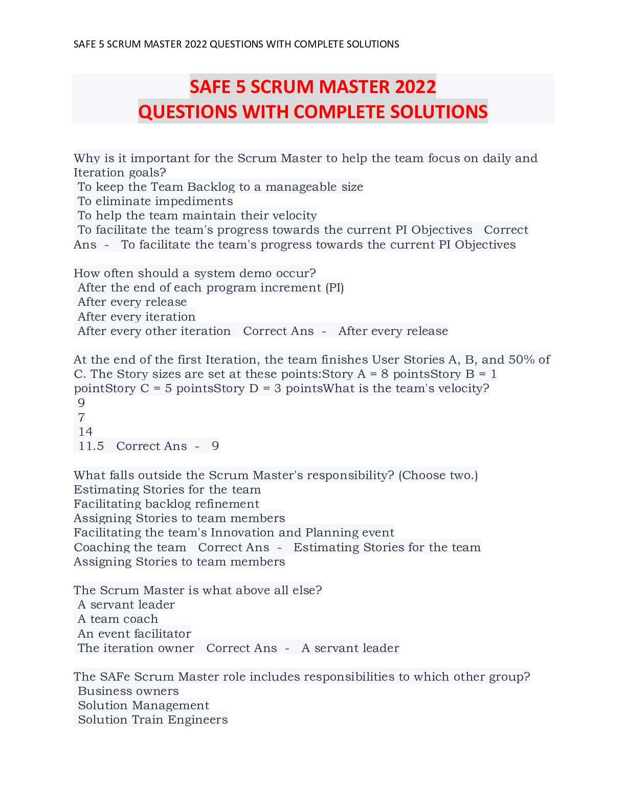 Preview image of SAFE 5 SCRUM MASTER 2023 QUESTIONS WITH COMPLETE SOLUTIONS document