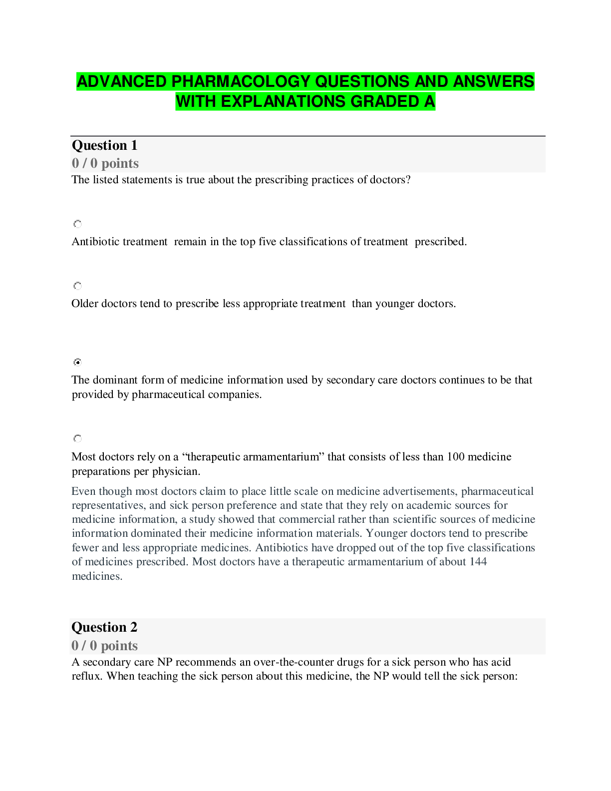 Preview of ADVANCED PHARMACOLOGY QUIZZES Bank