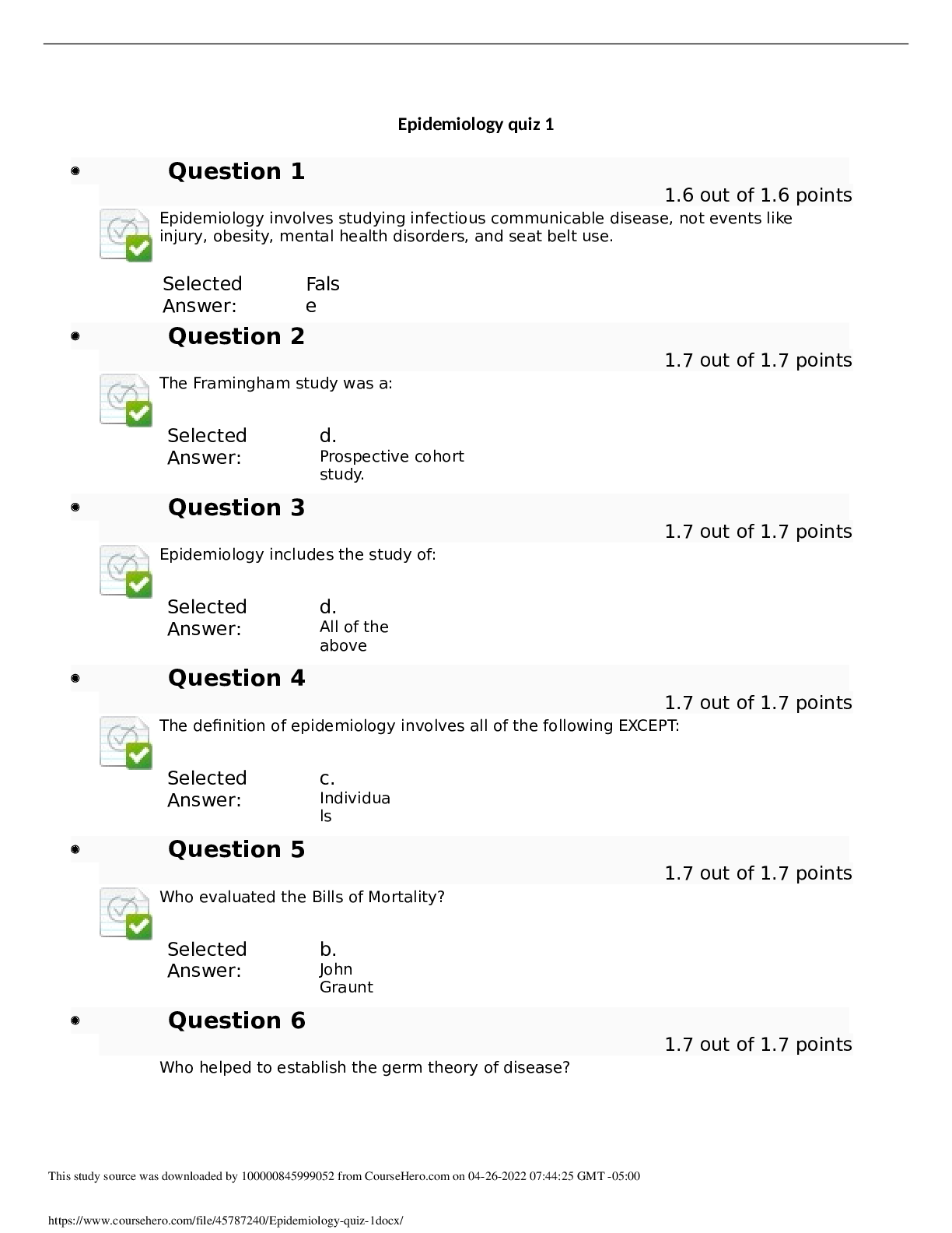 Preview image of Epidemiology quiz 1 2023 document