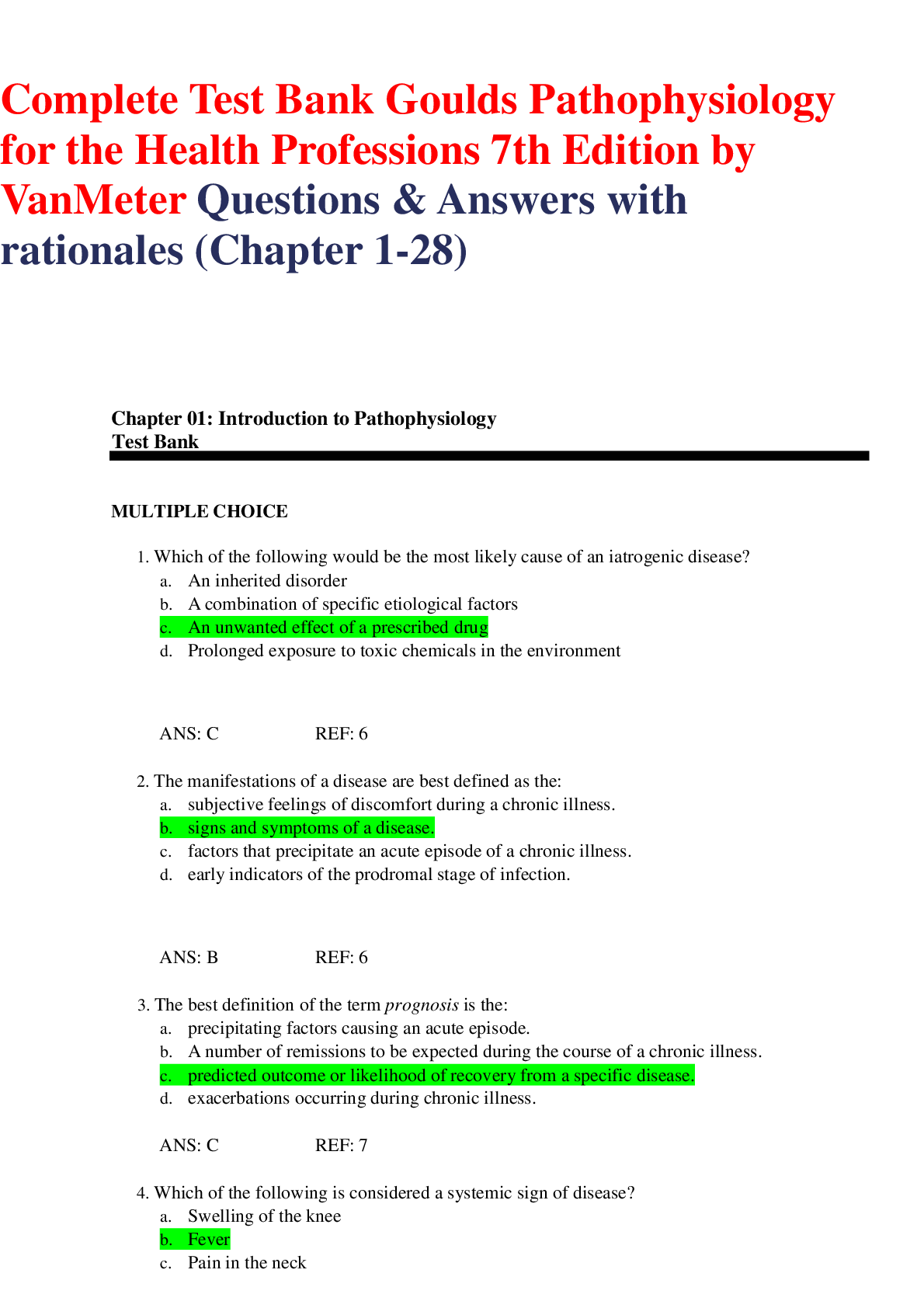 Preview image for Complete Test Bank Goulds Pathophysiology for the Health Professions 7th Edition by VanMeter Questions & Answers with rationales (Chapter 1-28)