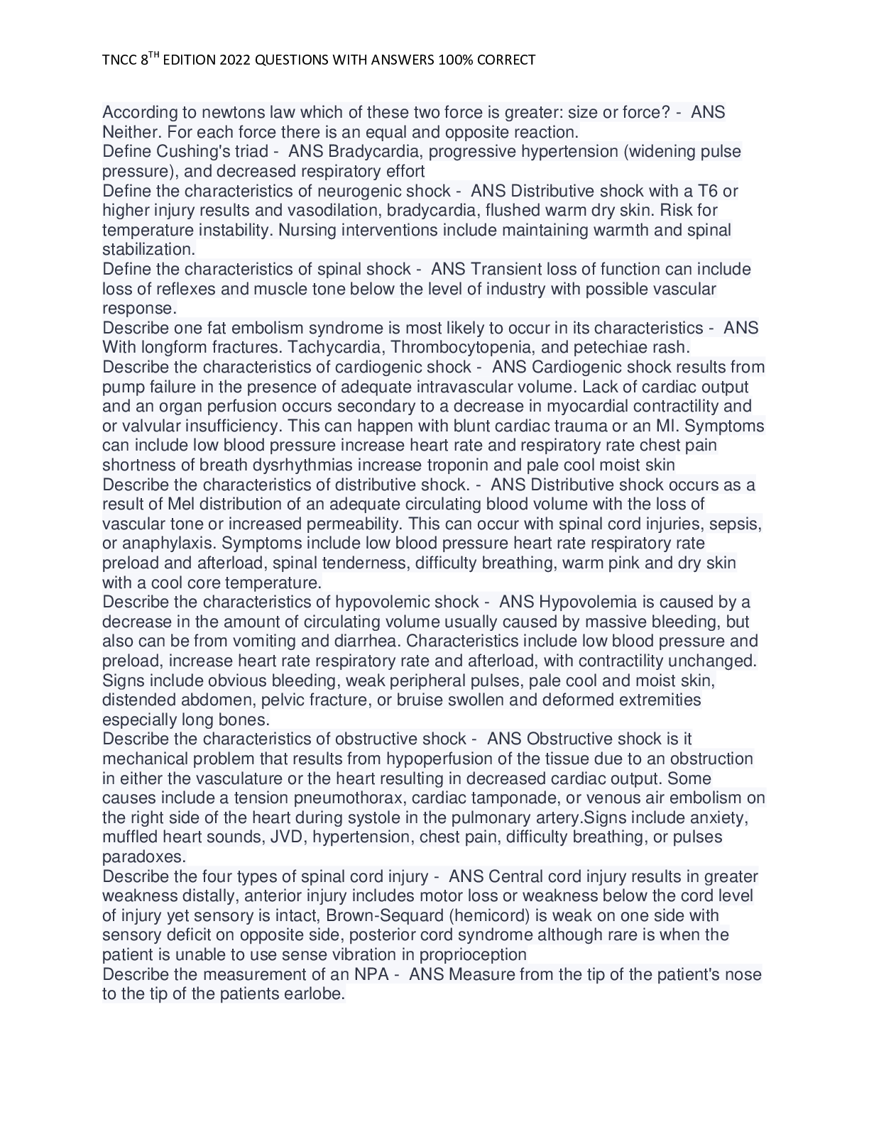 Preview of TNCC 8TH EDITION 2022 QUESTIONS WITH ANSWERS 100% CORRECT