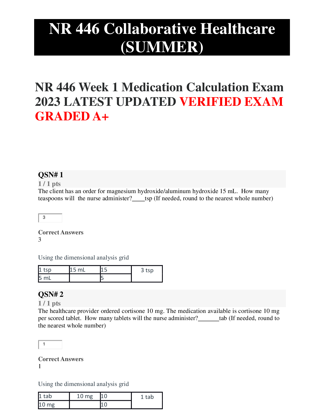 Preview image for NR 446 Week 1 Medication Calculation Exam 2023 LATEST UPDATED VERIFIED EXAM GRADED A+
