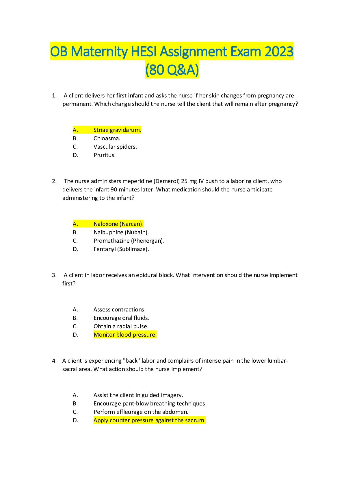 Preview of OB Maternity HESI Assignment Exam 2023 (80 Q&A) Graded A+