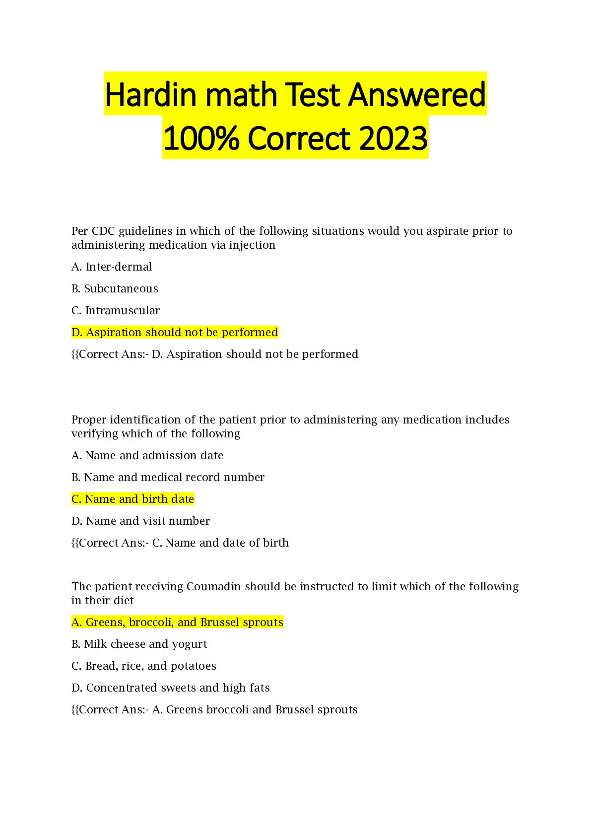 Preview image of Hardin math Test Answered 100% Correct 2023 document