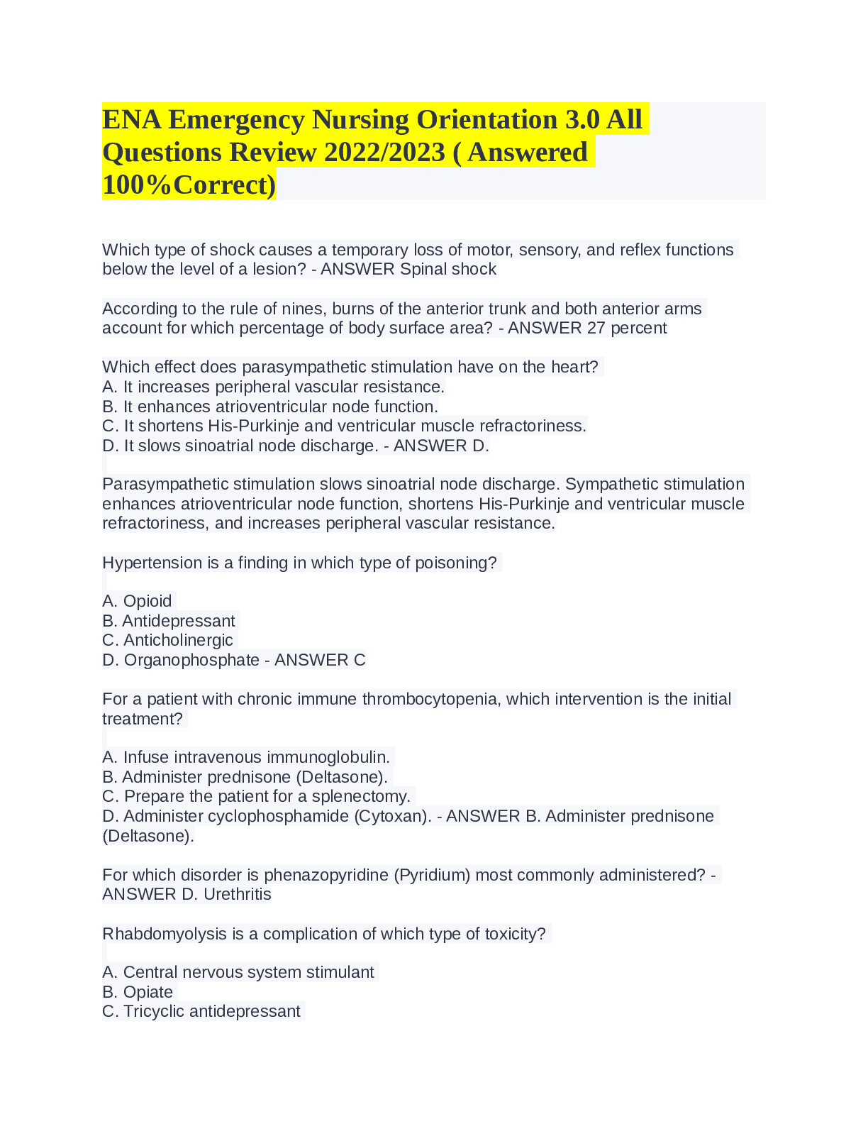 Preview image for ENA Emergency Nursing Orientation 3.0 Questions And Answers 2022/2023