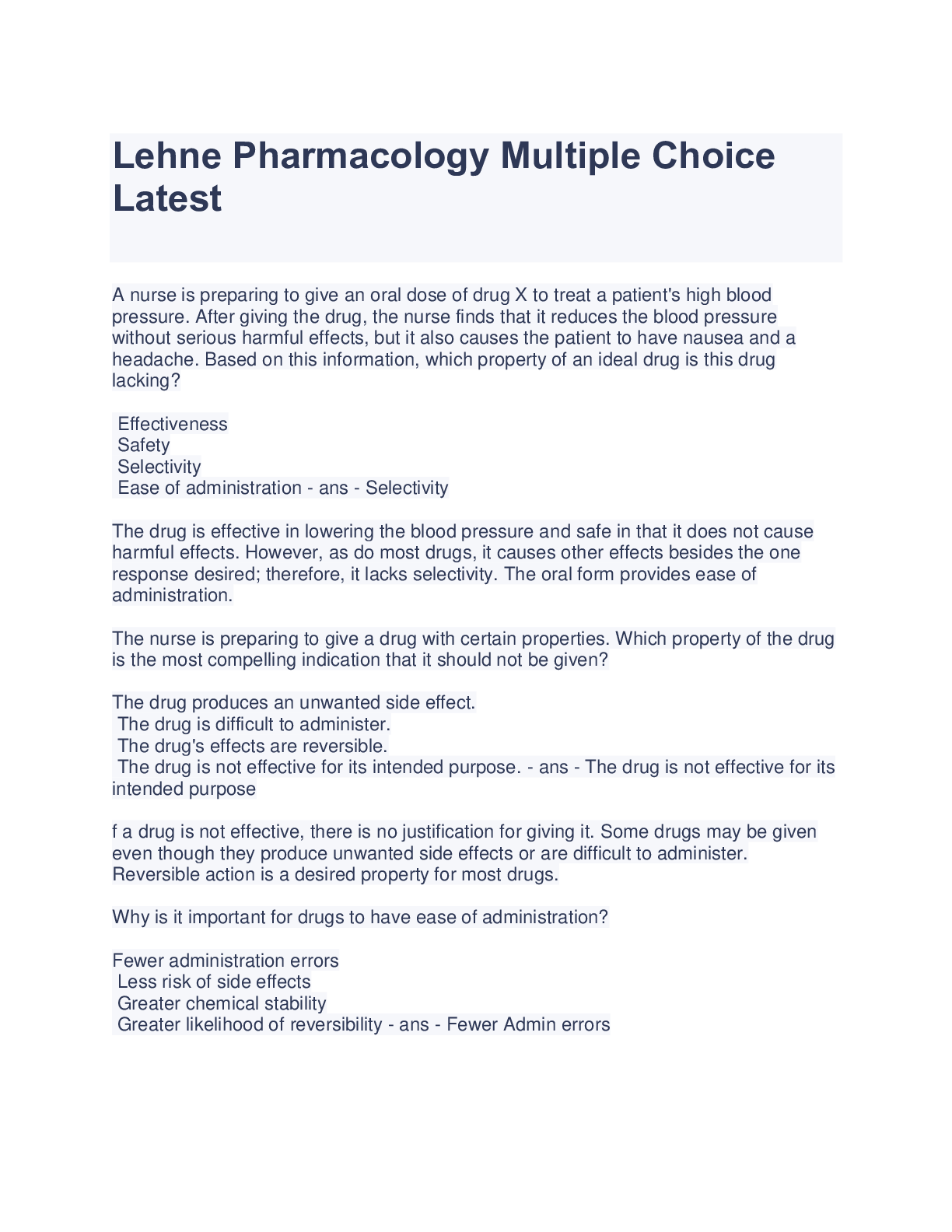 Preview image for Lehne Pharmacology Multiple Choice  Latest
