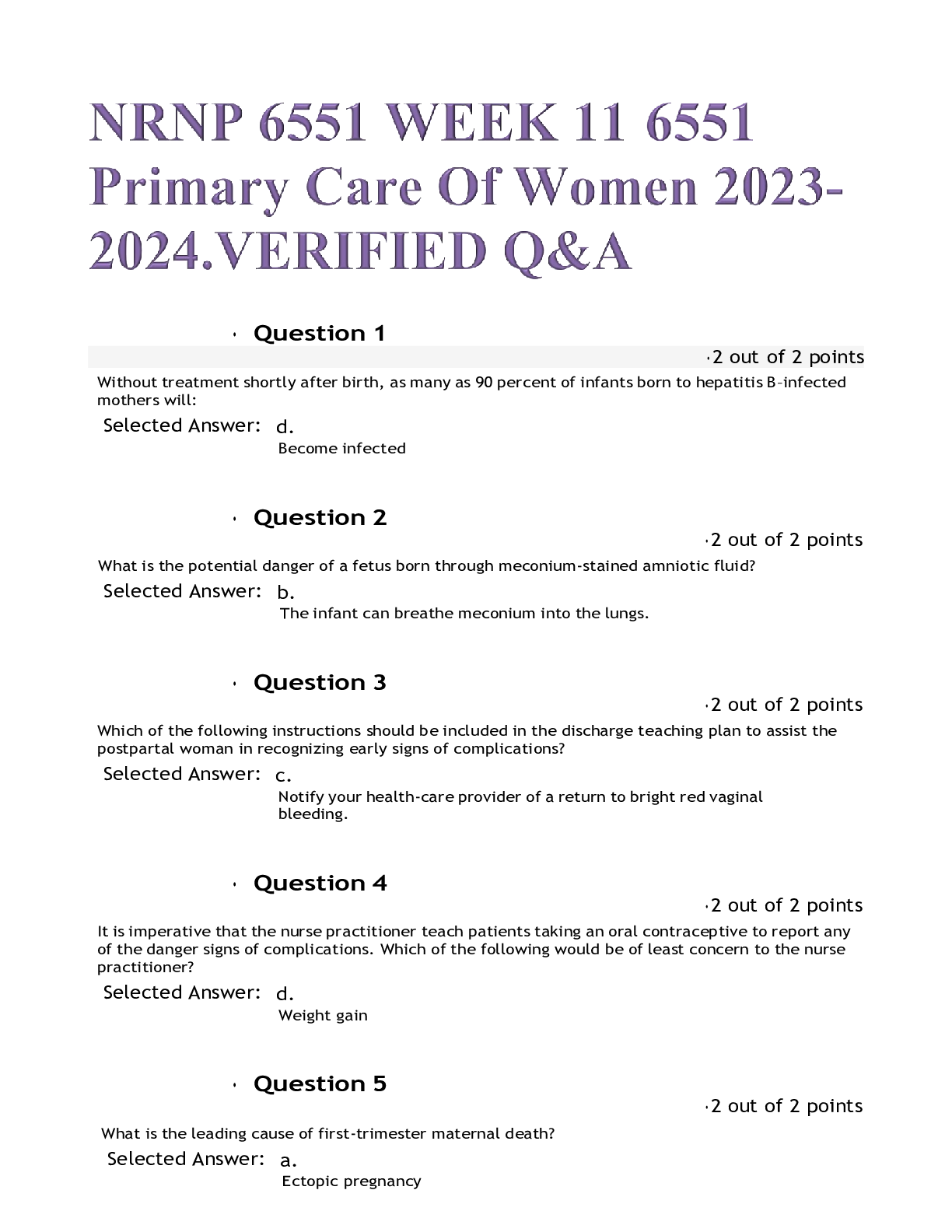 Preview image for NRNP 6551 WEEK 11 6551 Primary Care Of Women 2023-2024.VERIFIED Q&A