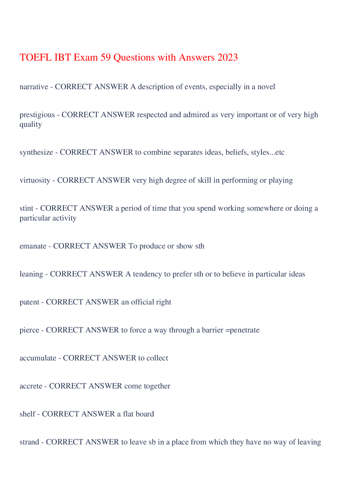 Preview of TOEFL IBT Exam 59 Questions with Answers 2023,100% CORRECT