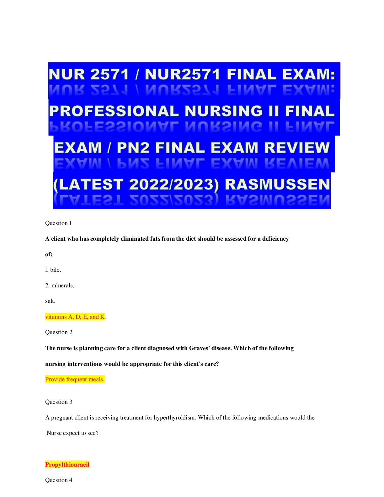 Preview of NUR 2571 / NUR2571 FINAL EXAM: PROFESSIONAL NURSING II FINAL EXAM / PN2 FINAL EXAM REVIEW (LATEST 2022/2023) RASMUSSEN