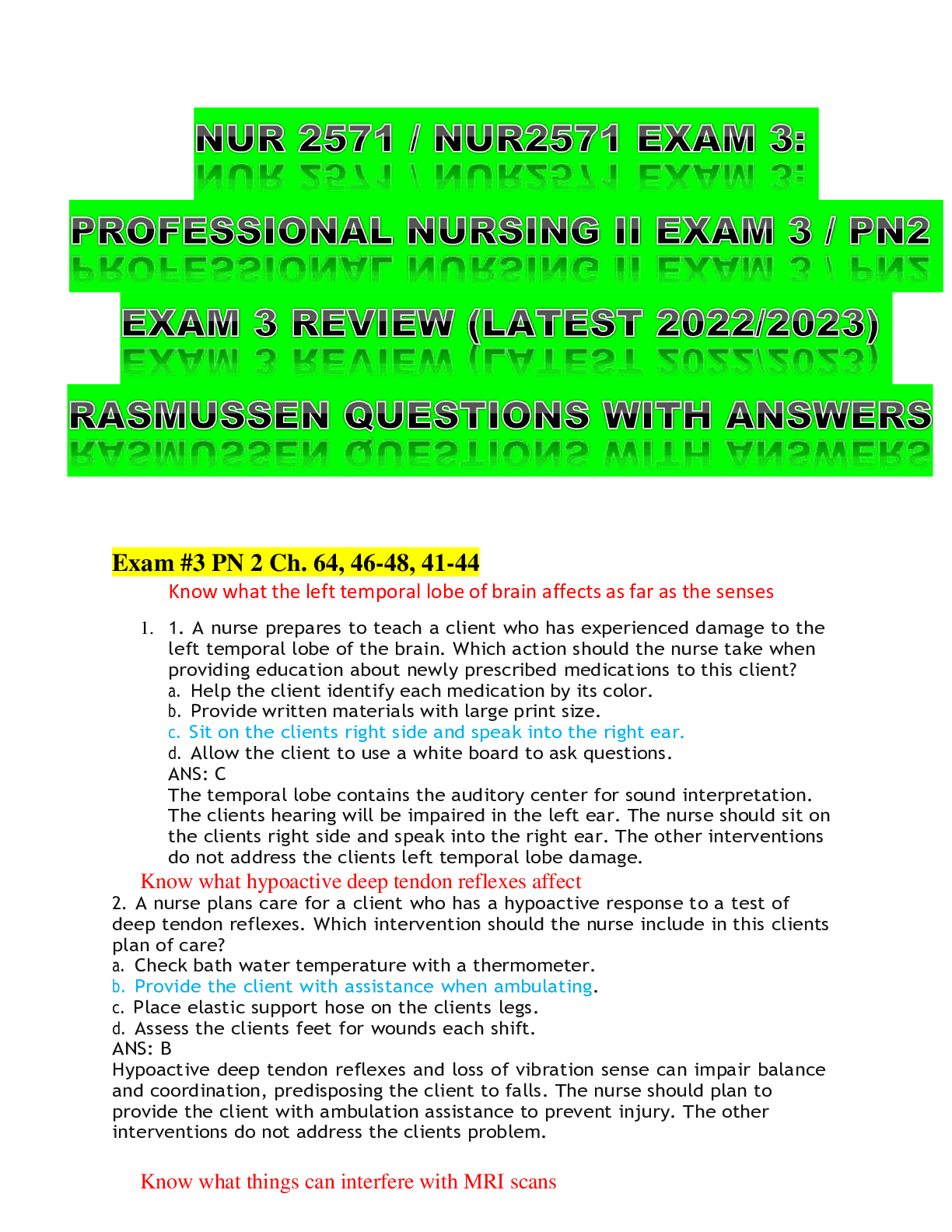 Preview of NUR 2571 _ NUR2571 EXAM 3_ PROFESSIONAL NURSING II EXAM 3 _ PN2 EXAM 3 REVIEW (LATEST 2022_2023) RASMUSSEN QUESTIONS WITH ANSWERS