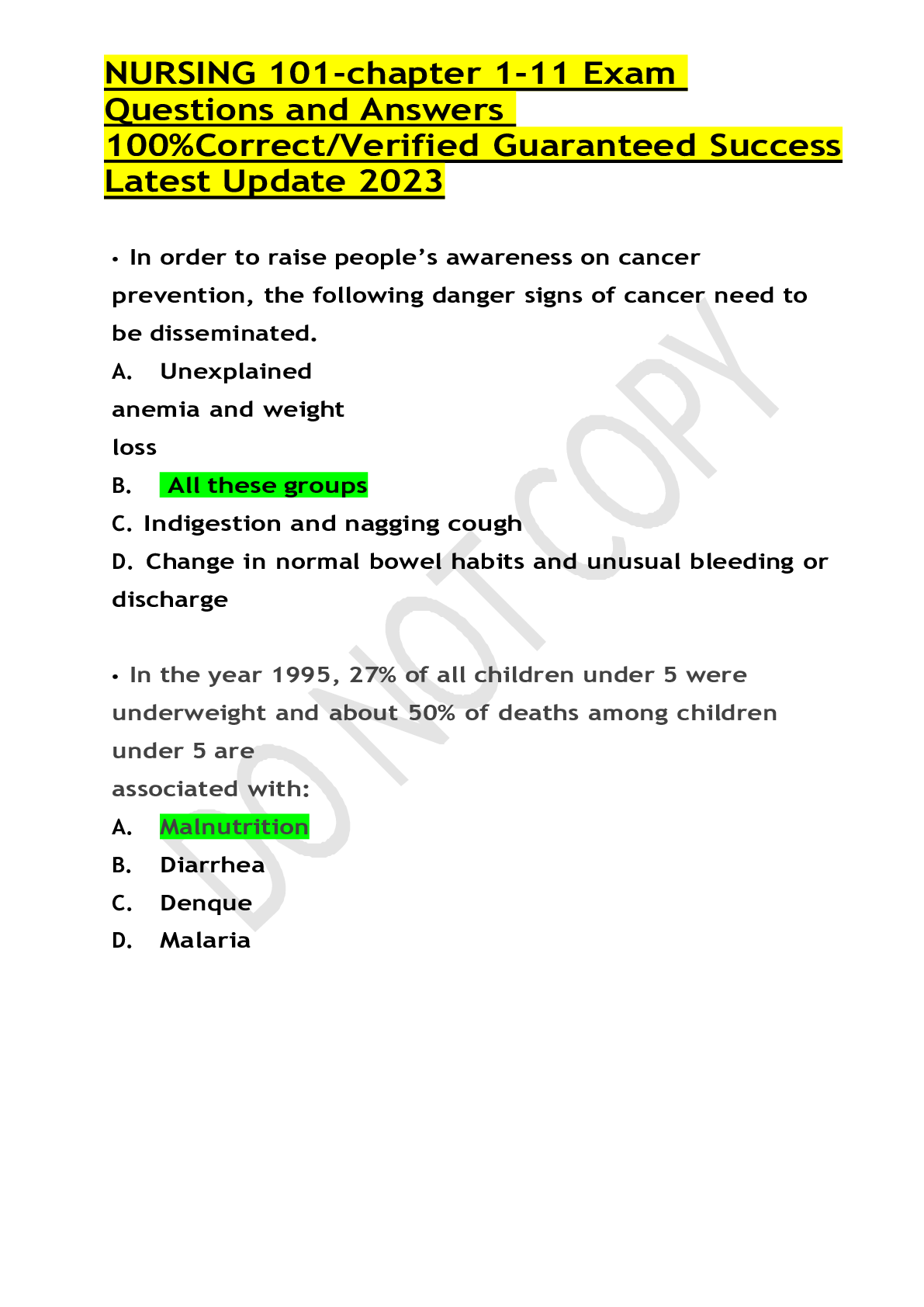 Recommended document preview for NURSING 101-chapter 1-11 Exam Questions and Answers 100%Correct/Verified Guaranteed Success Latest Update 2023