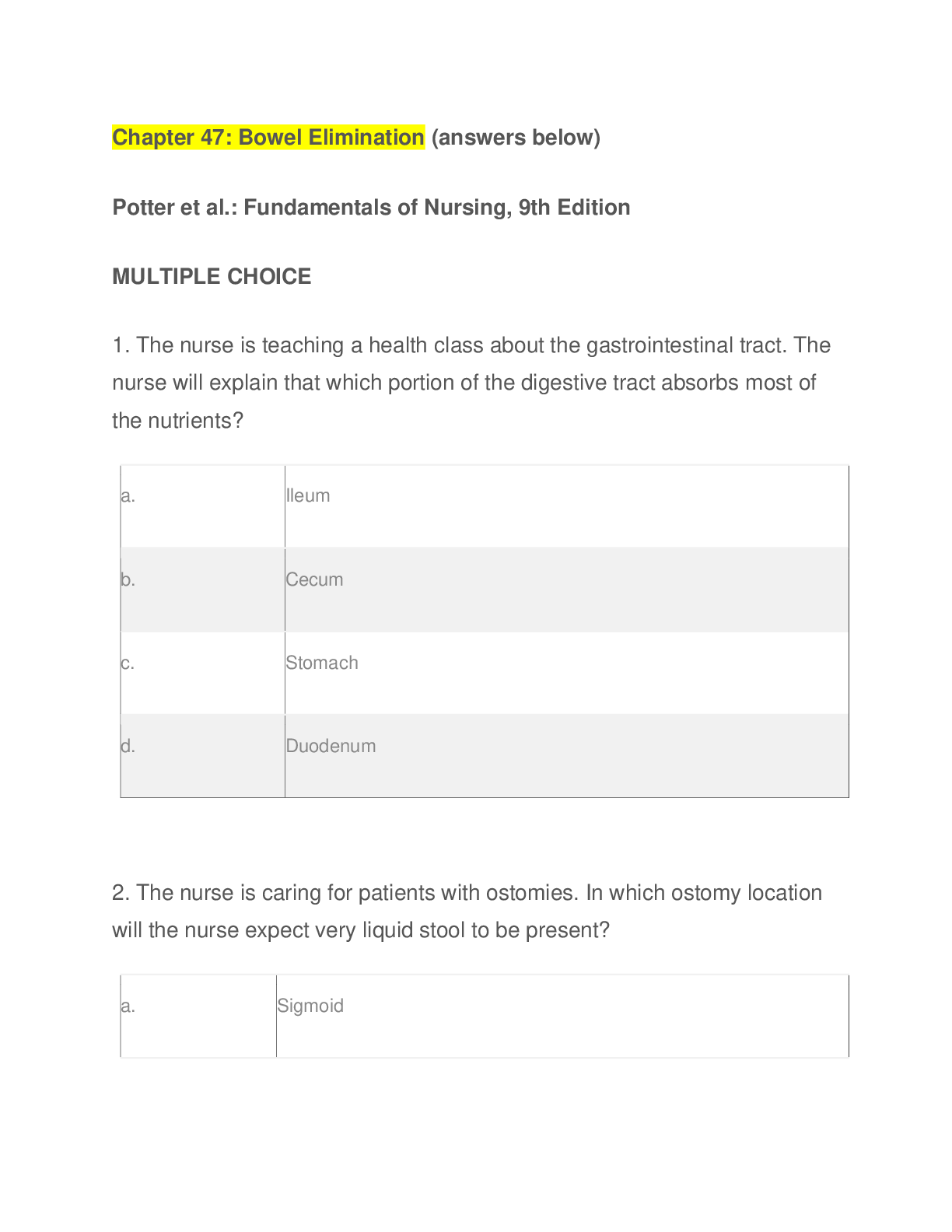 Chapter 47: Bowel Elimination - Browsegrades