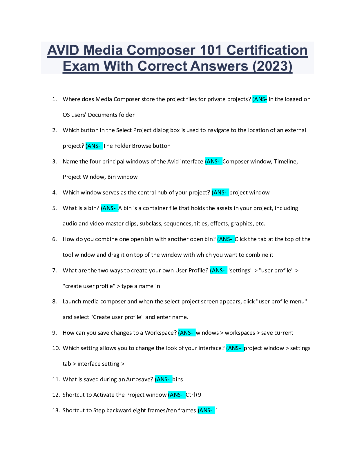 Preview of AVID Media Composer 101 Certification Exam With Correct Answers (2023)