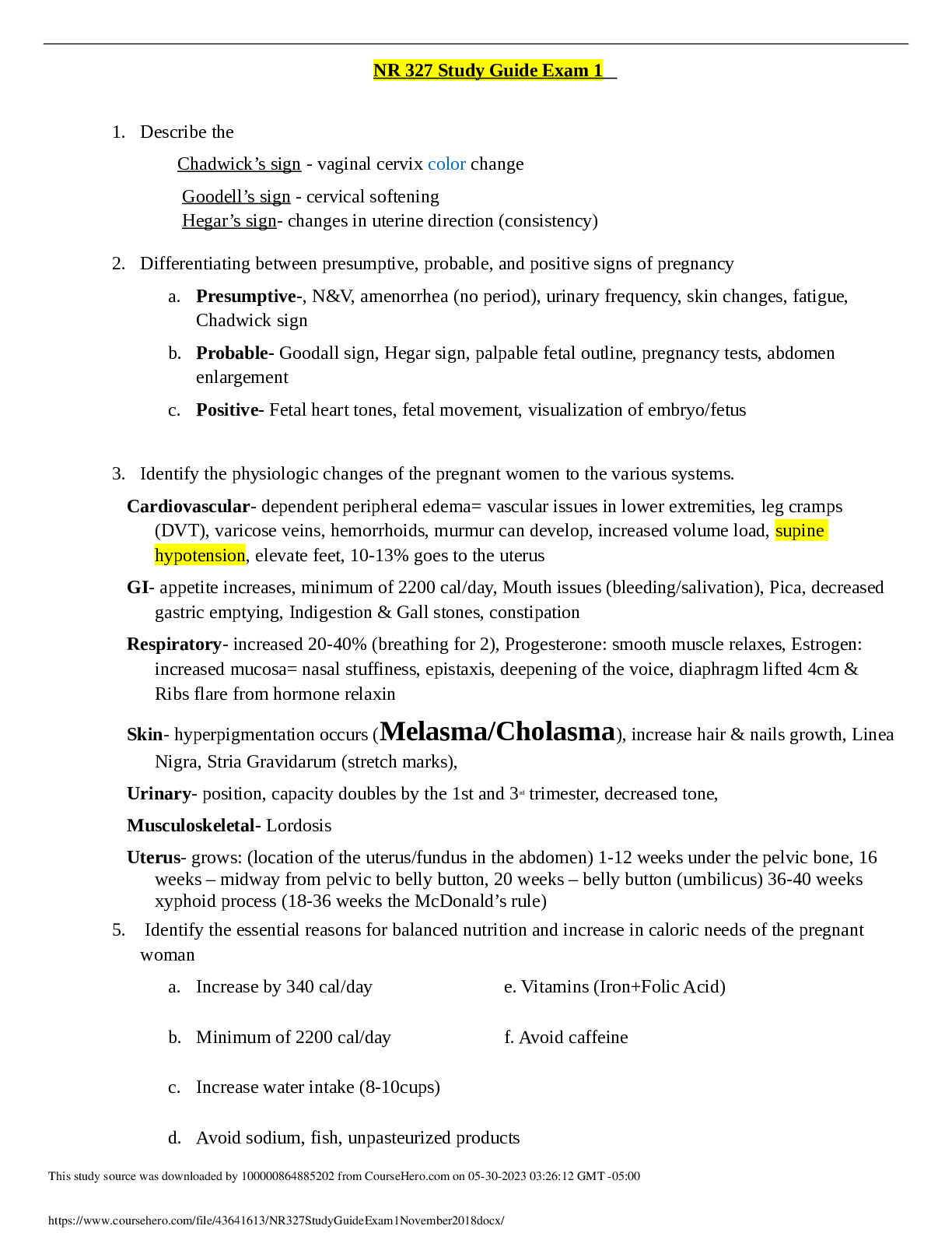 Preview image of NR 327 Study Guide Exam 1 2023 document