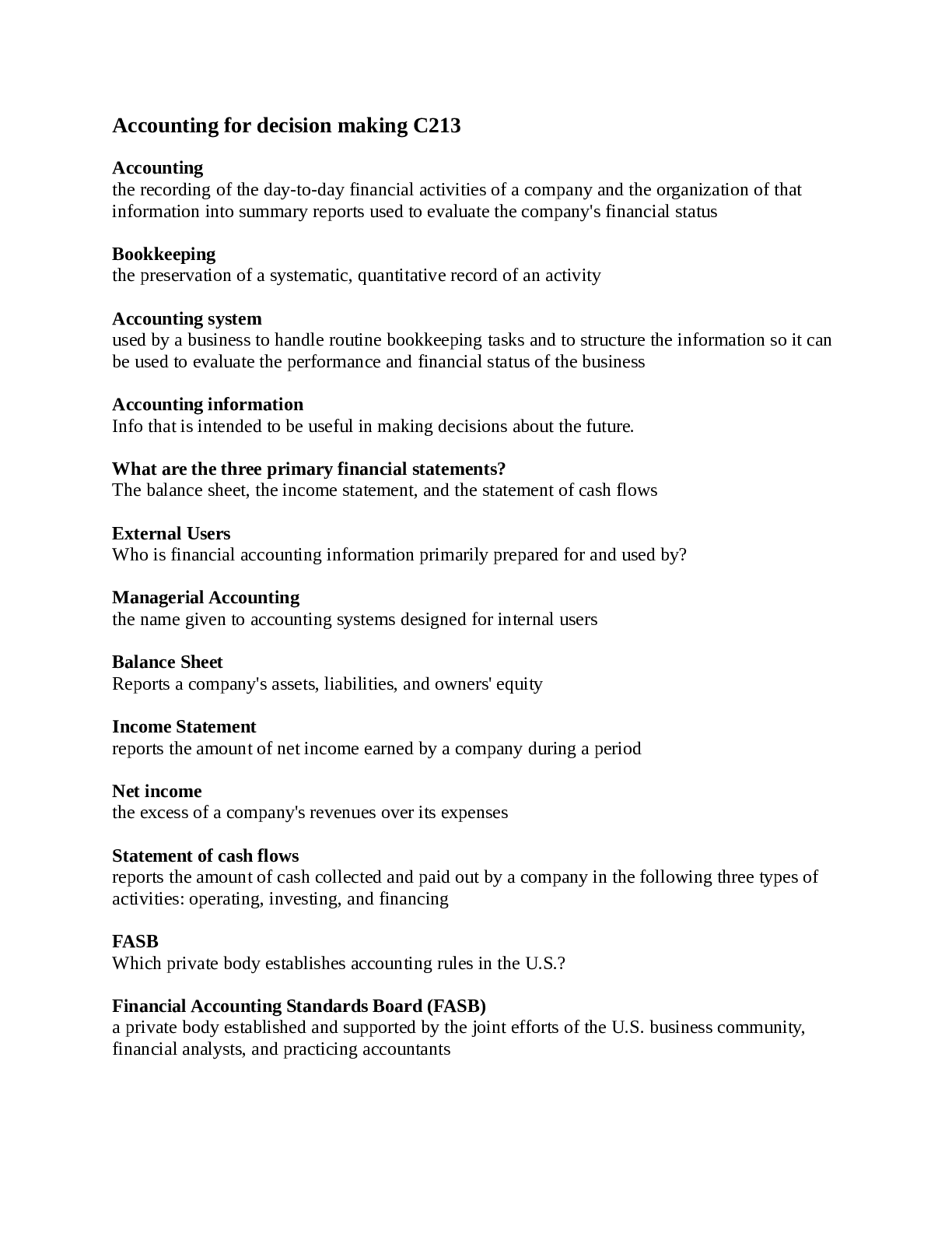 Preview image of Accounting for decision makers C213 WGU Flashcards document