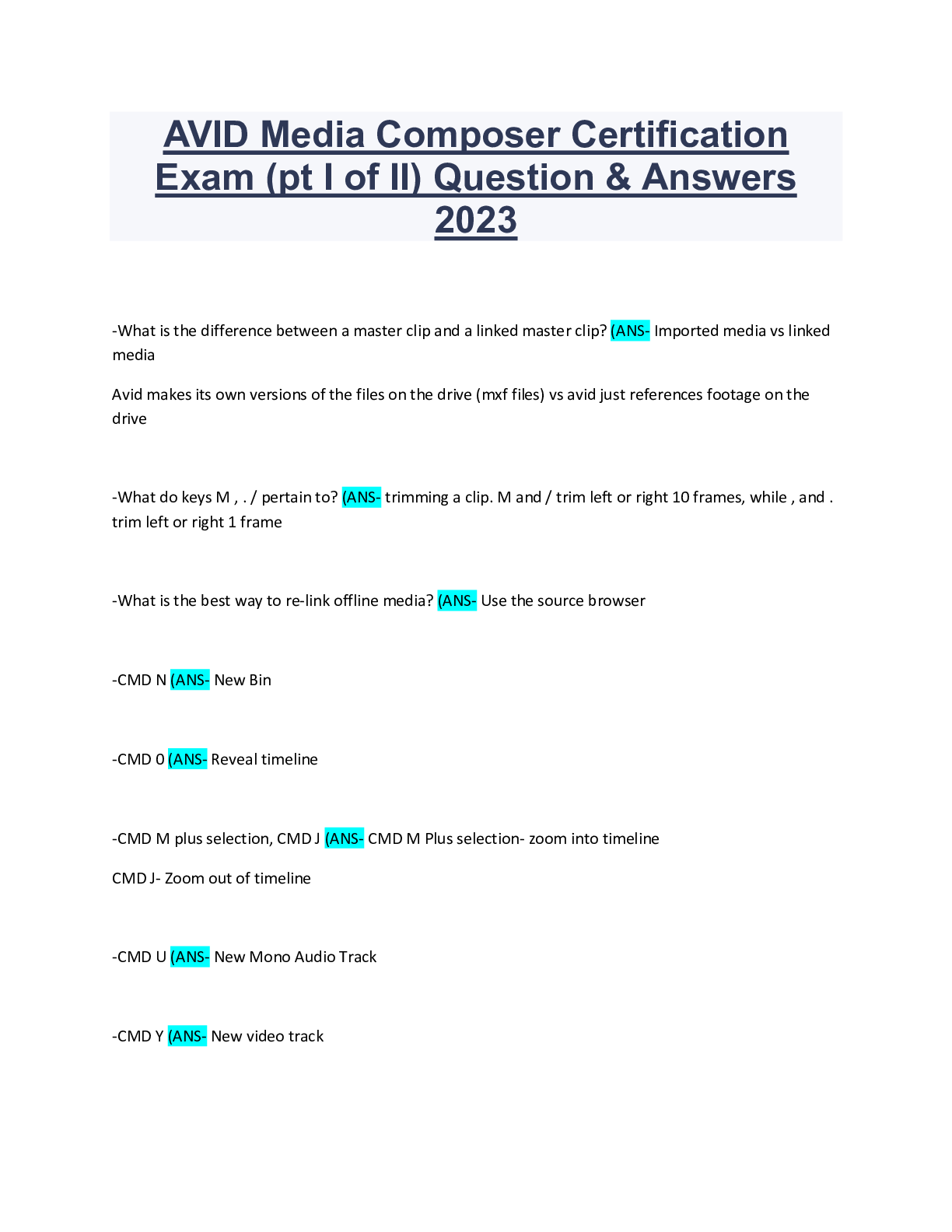 Preview image for AVID Media Composer Certification Exam (pt I of II) Question & Answers 2023