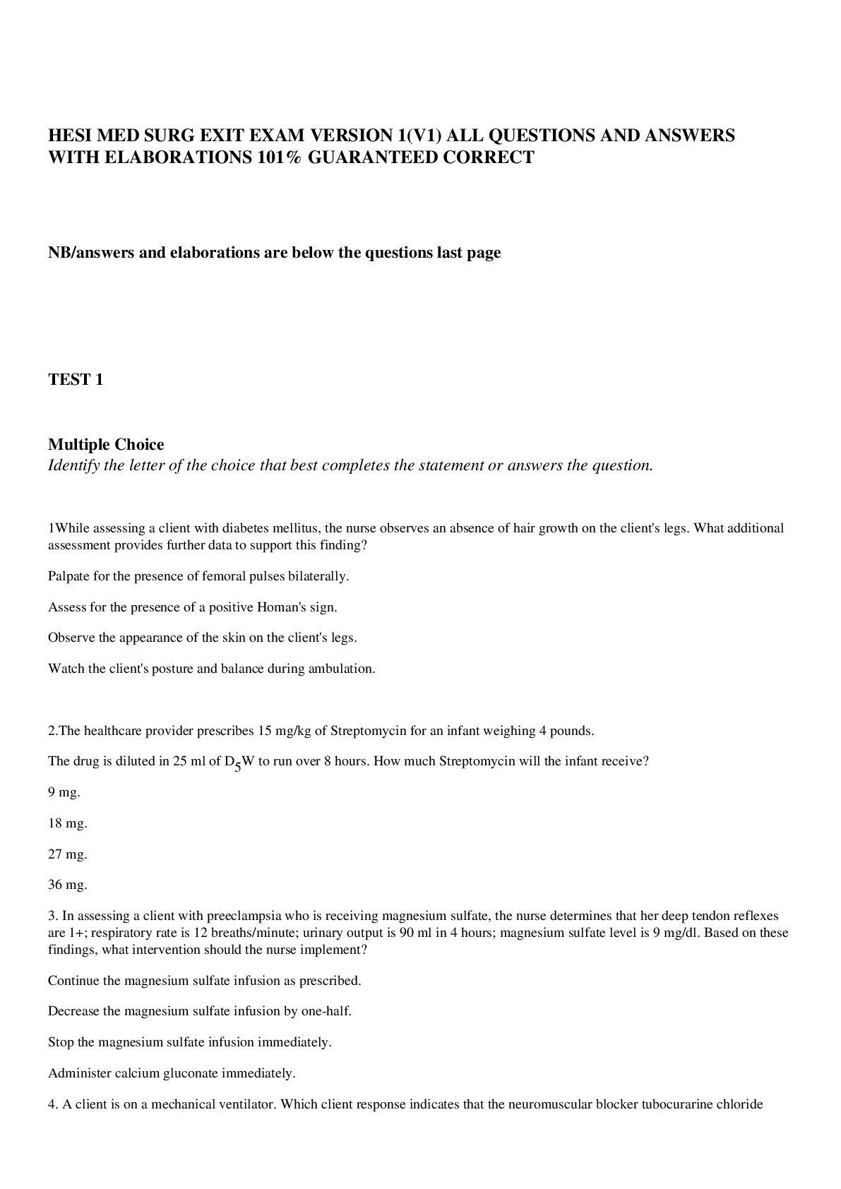 Preview image for HESI MED SURG EXIT EXAM VERSION 1(V1) ALL QUESTIONS AND ANSWERS WITH ELABORATIONS 101% GUARANTEED CORRECT