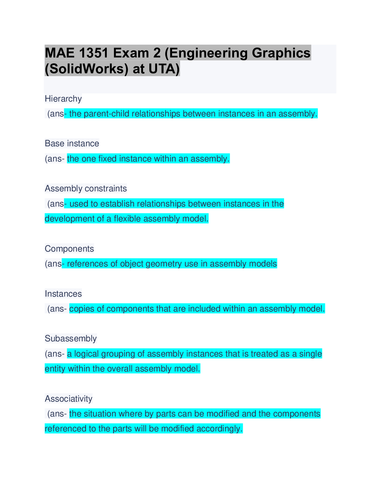 Preview image for MAE 1351 Exam 2 (Engineering Graphics (SolidWorks) at UTA): Updated  Solution