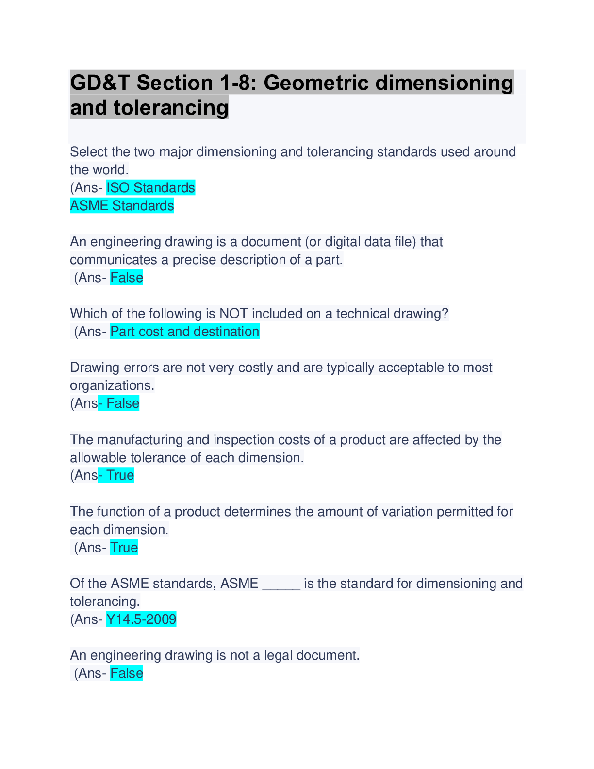 Preview image for GD&T Section 1-8: Geometric dimensioning and tolerancing: Questions & Answers: Updated A+ Guide