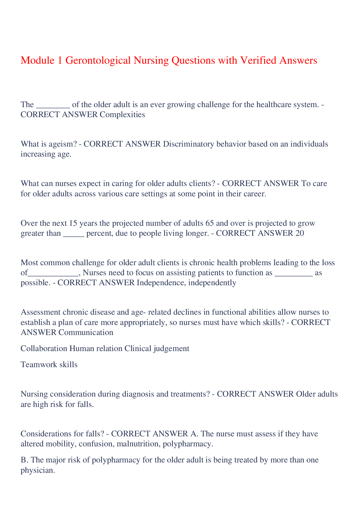 Preview image for Module 1 Gerontological Nursing Questions with Verified Answers,100% CORRECT