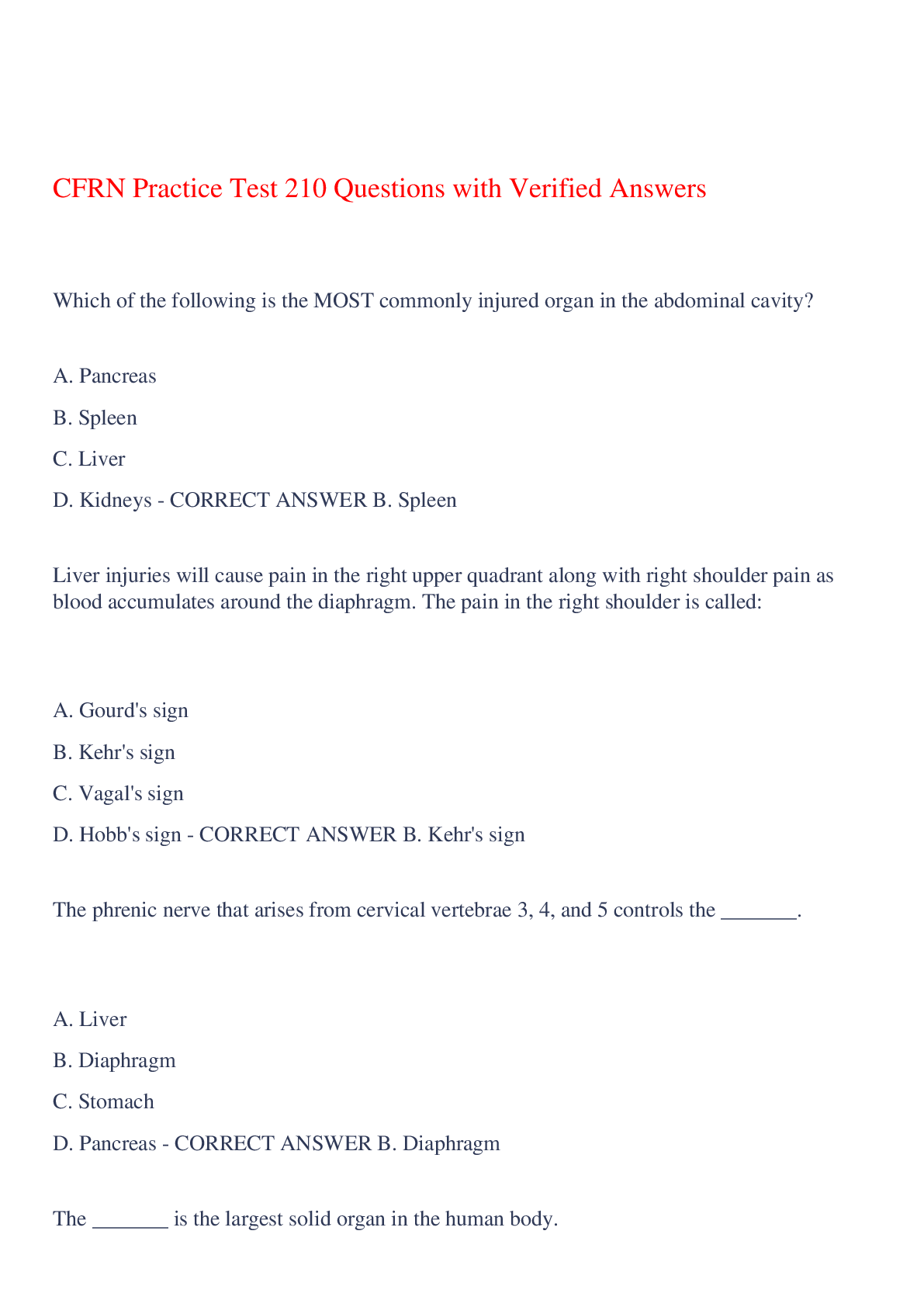 Preview of CFRN Practice Test 210 Questions with Verified Answers,100% CORRECT