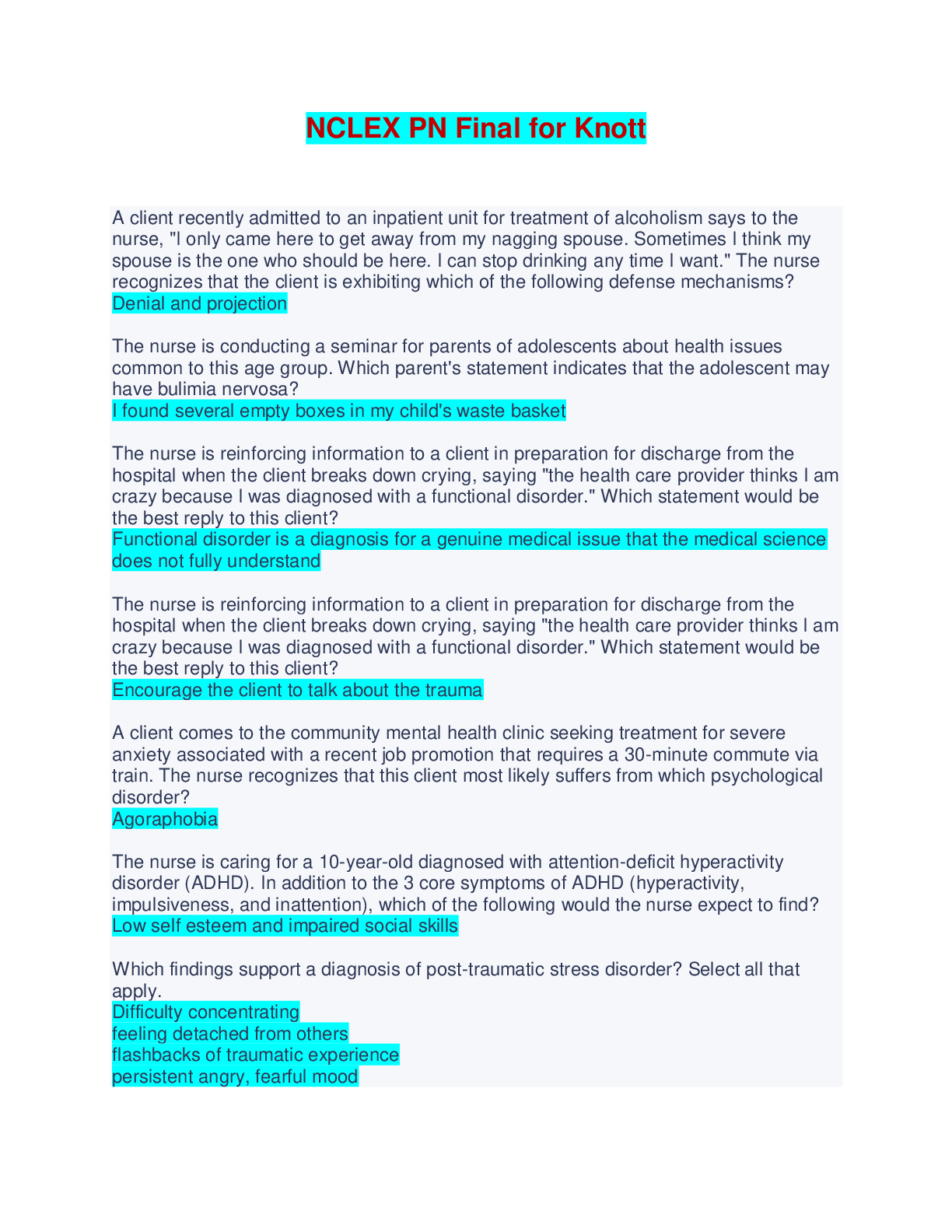 Preview image of NCLEX PN Final for Knott - Fall 2023, Complete Solutions document
