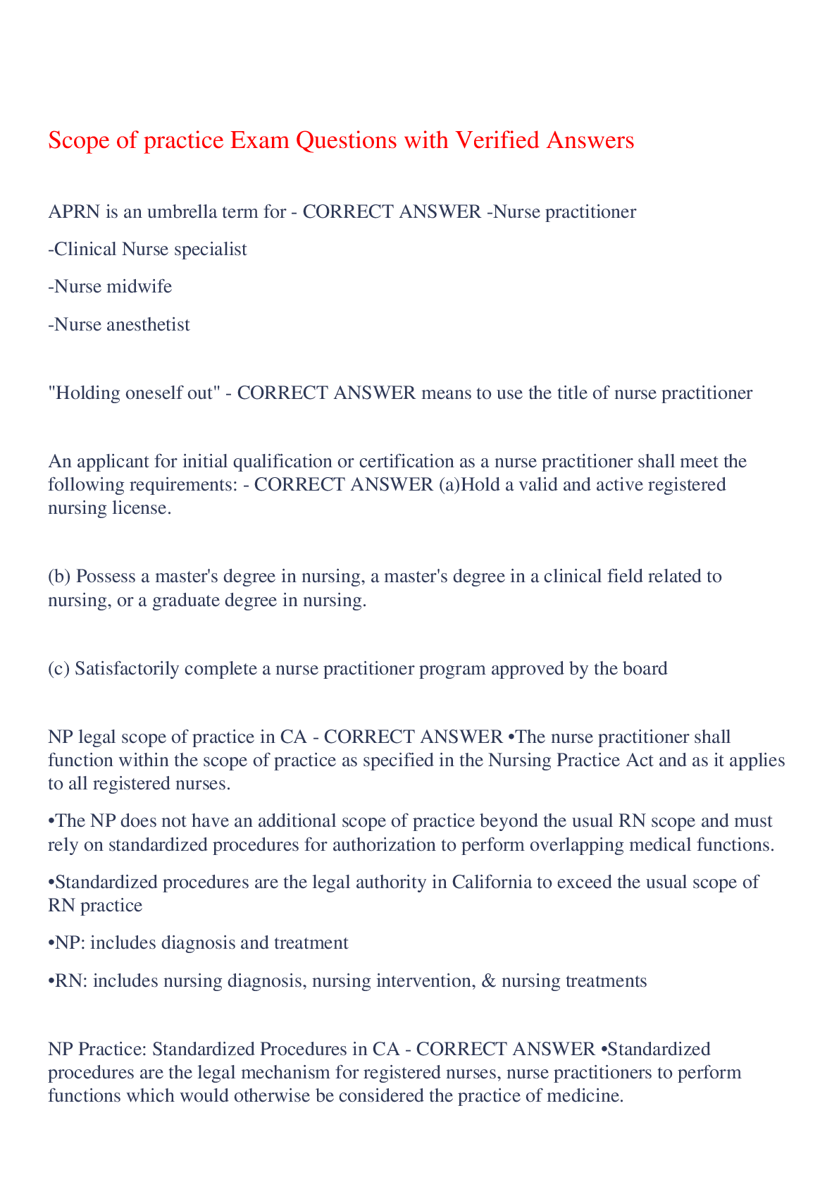 Preview of Scope of practice Exam Questions with Verified Answers,100% CORRECT