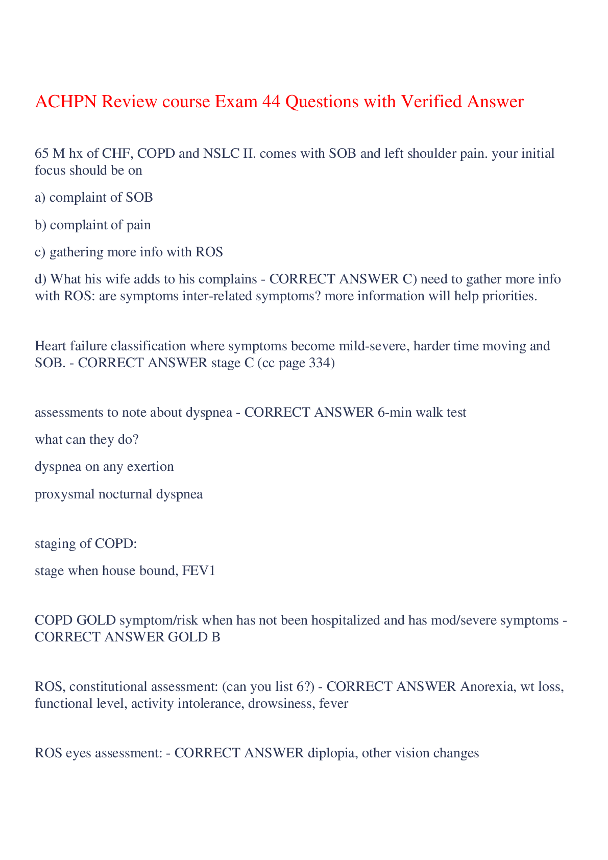 Preview of ACHPN Review course Exam 44 Questions with Verified Answer ,100% CORRECT