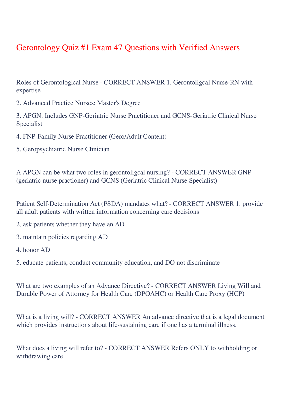 Preview of Gerontology Quiz #1 Exam 47 Questions with Verified Answers,100% CORRECT