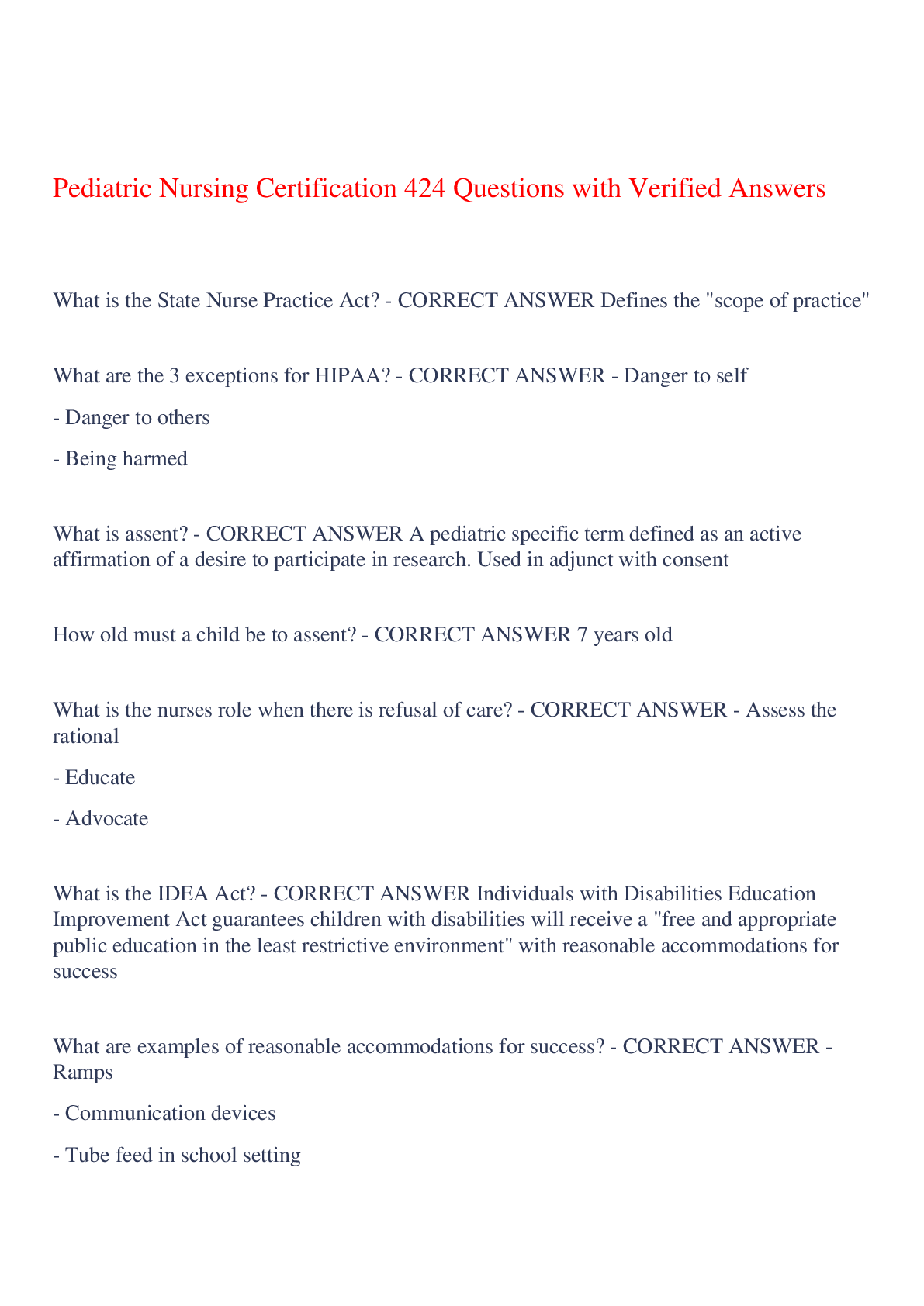 Preview of Pediatric Nursing Certification 424 Questions with Verified Answers,100% CORRECT