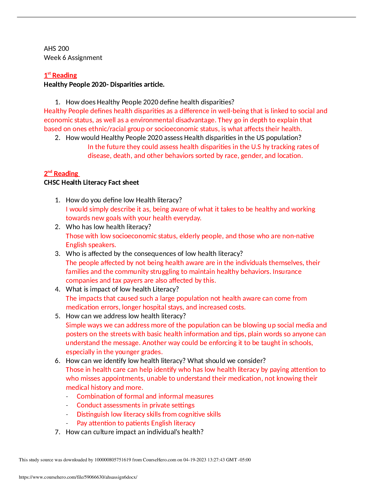Preview image of AHS 200 Week 6 Assignment document