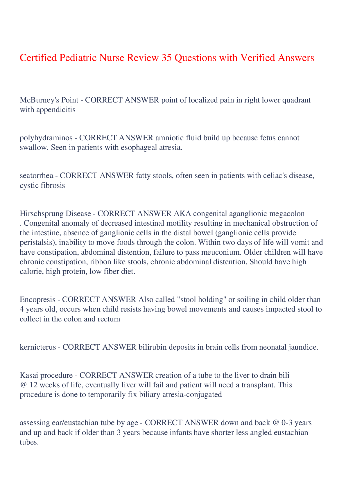 Recommended document preview for Certified Pediatric Nurse Review 35 Questions with Verified Answers,100% CORRECT