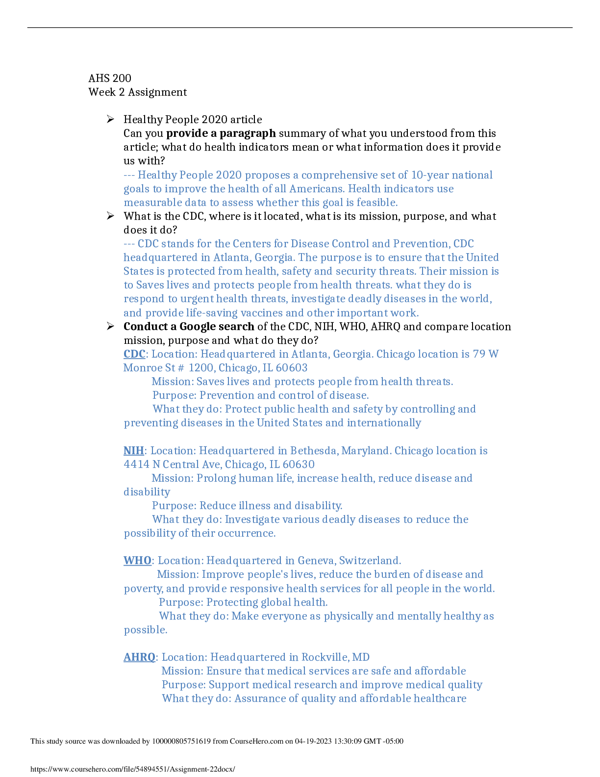 Preview image of AHS 200 Week 2 Assignment  Healthy People 2020 article document