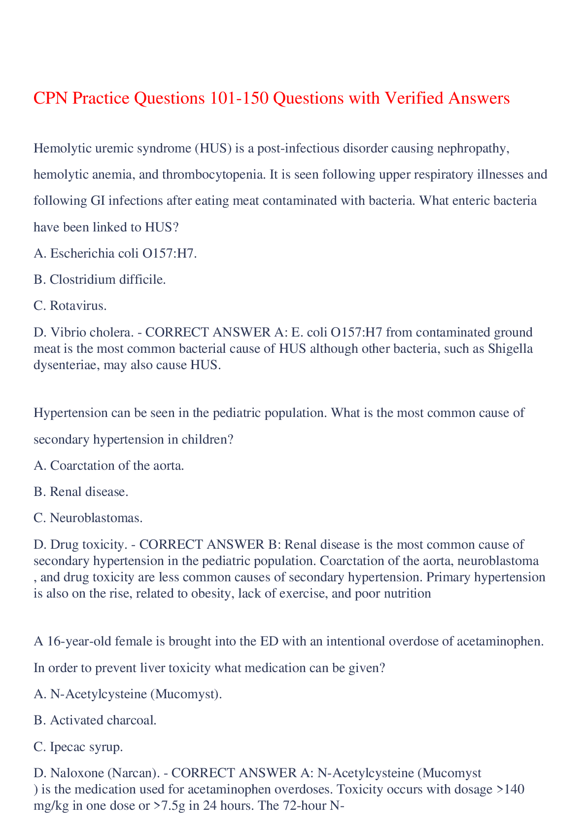 Preview of CPN Practice Questions 101-150 Questions with Verified Answers,100% CORRECT