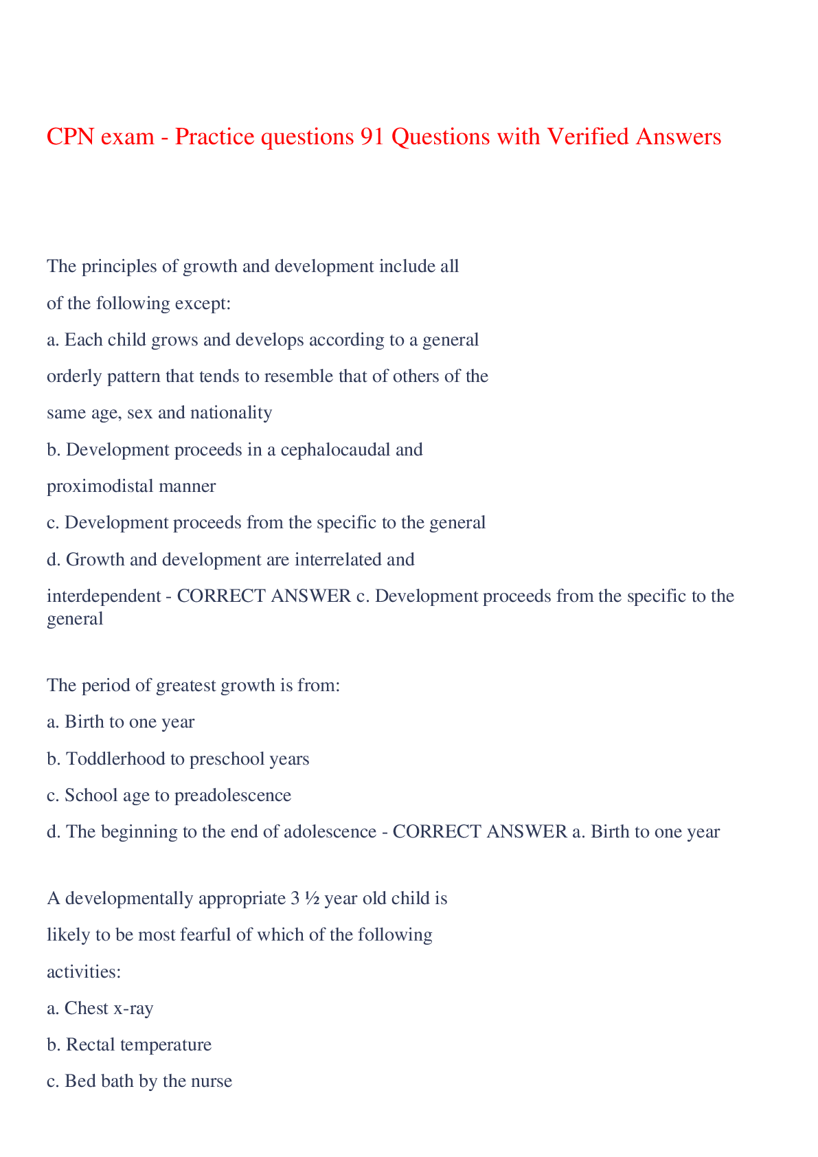 Preview of CPN exam - Practice questions 91 Questions with Verified Answers,100% CORRECT