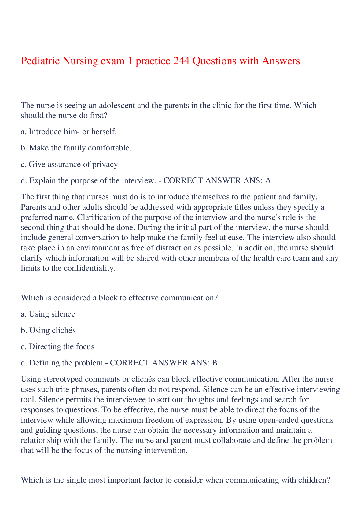 Preview of Pediatric Nursing exam 1 practice 244 Questions with Answers,100% CORRECT