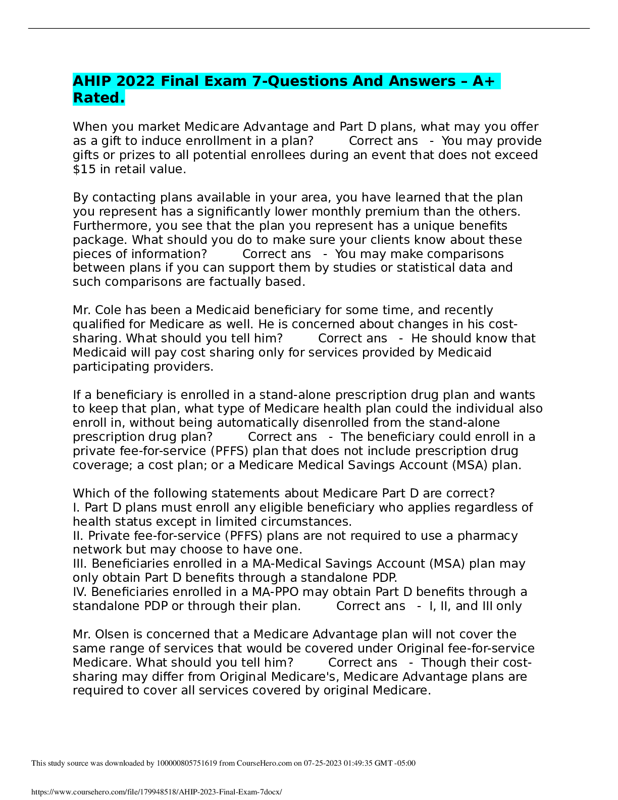 Preview of AHIP 2022 Final Exam 7-Questions And Answers – A+ Rated.