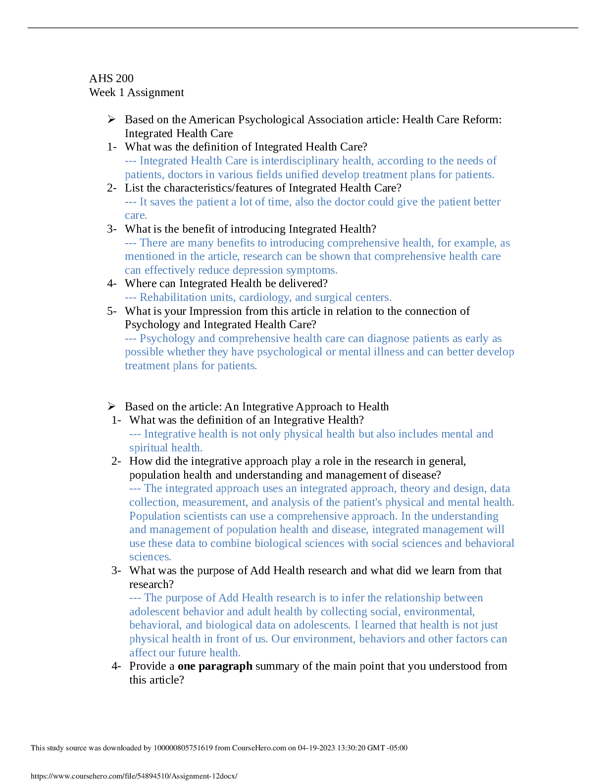 Preview image of AHS 200 Week 1 Assignment document