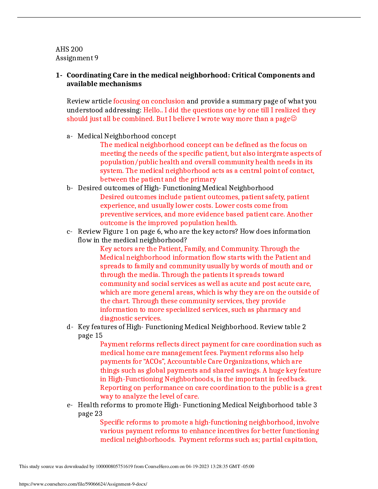 Preview of AHS 200 Assignment 9 1- Coordinating Care in the medical neighborhood: Critical Components