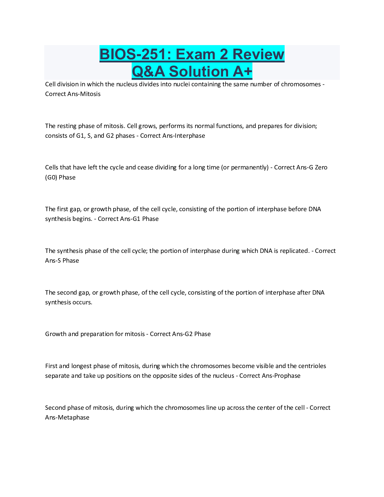 Preview image for BIOS-251: Exam 2 Review Q&A Solution A+