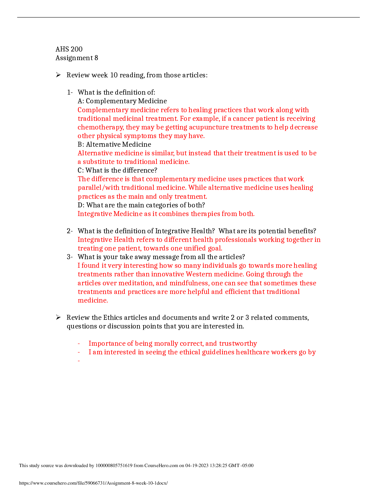 Preview image of AHS 200 Assignment 8  Review week 10 reading, from those articles document