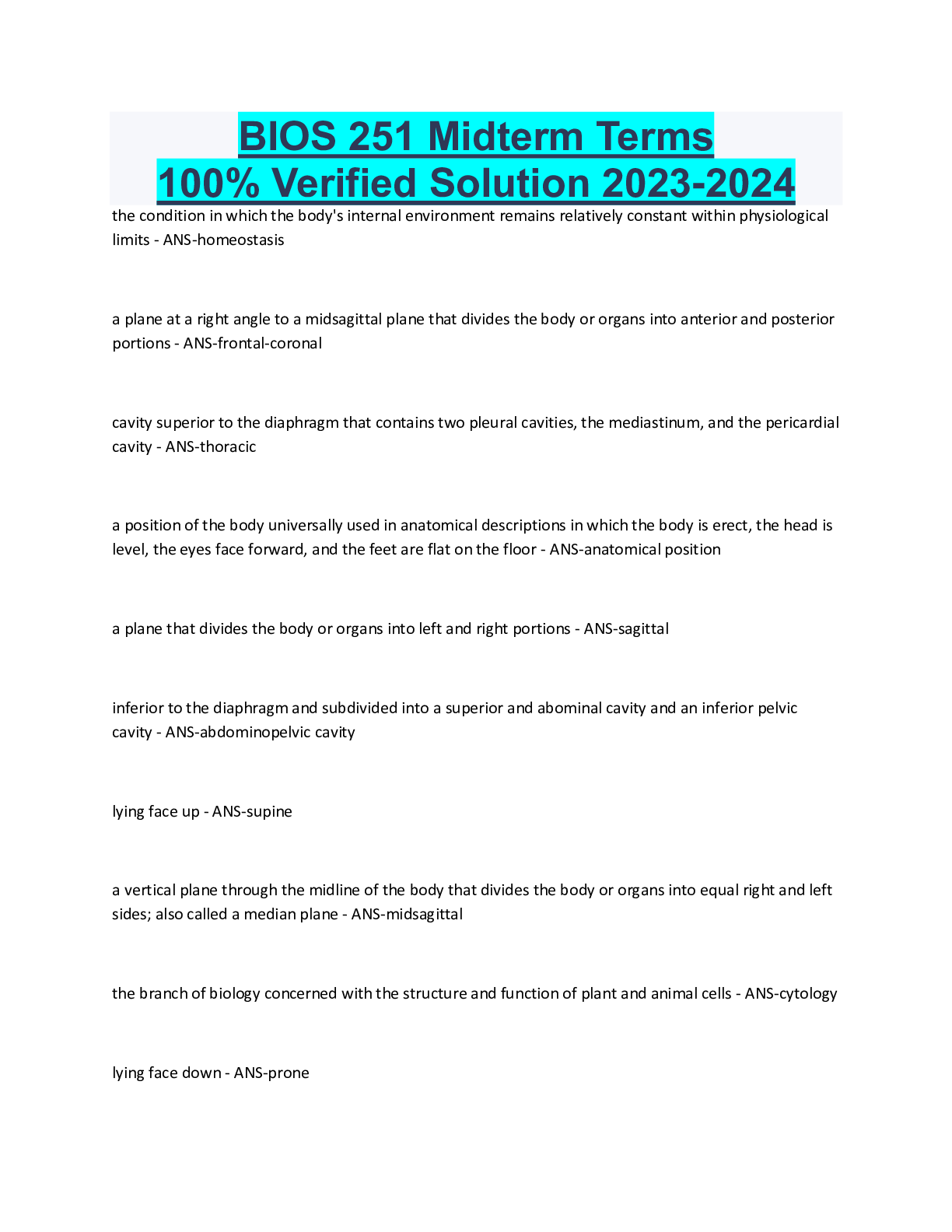 Preview image for BIOS 251 Midterm Terms 100% Verified Solution 2023-2024