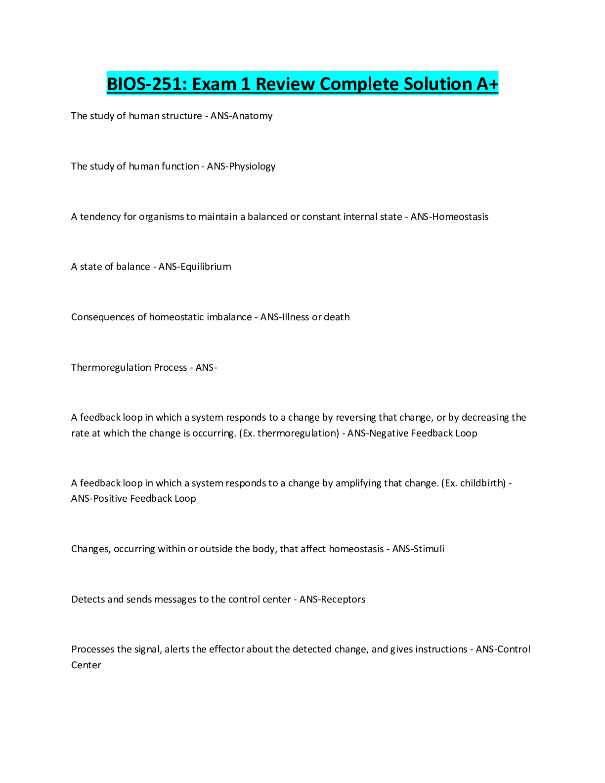 Preview image for BIOS-251: Exam 1 Review Complete Solution A+