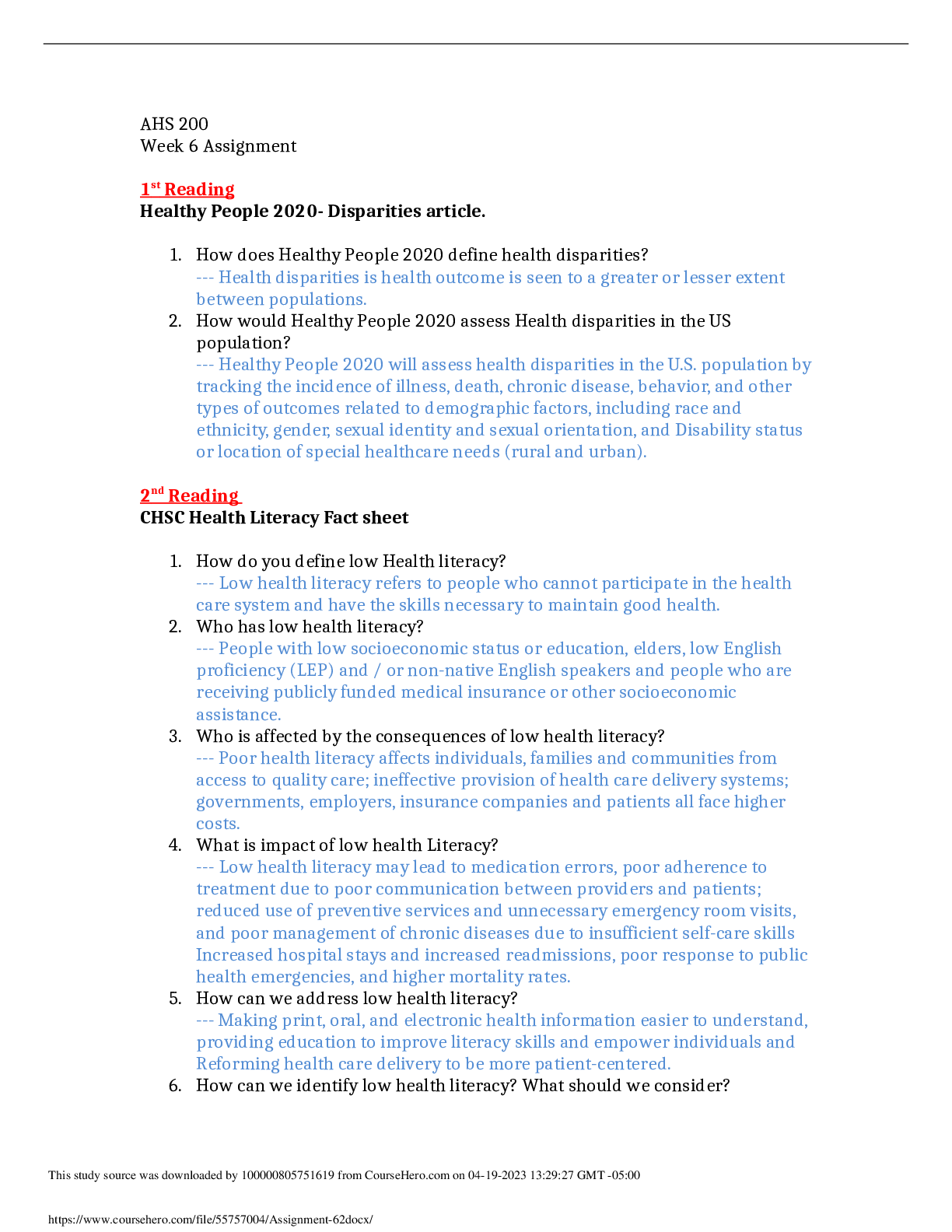 Preview of AHS 200 Week 6 Assignment 1 st Reading Healthy People 2020- Disparities article.