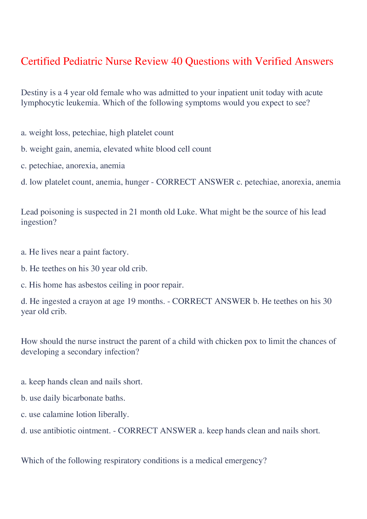 Preview of Certified Pediatric Nurse Review 40 Questions with Verified Answers,100% CORRECT