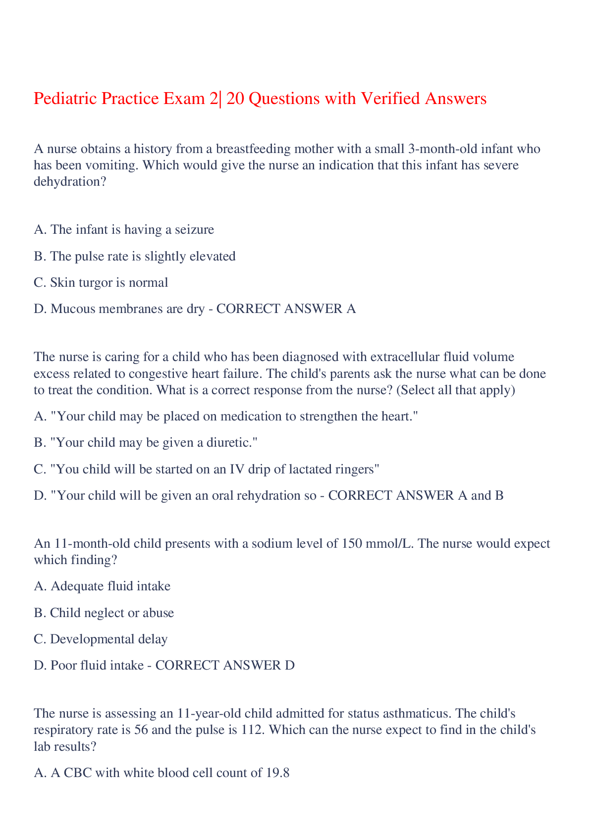 Preview image for Pediatric Practice Exam 2| 20 Questions with Verified Answers,100% CORRECT